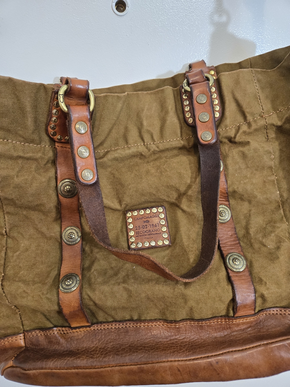 Anthropologie CAMPOMAGGI Italy Canvas Leather Teodorano Studded Tote Crossbody